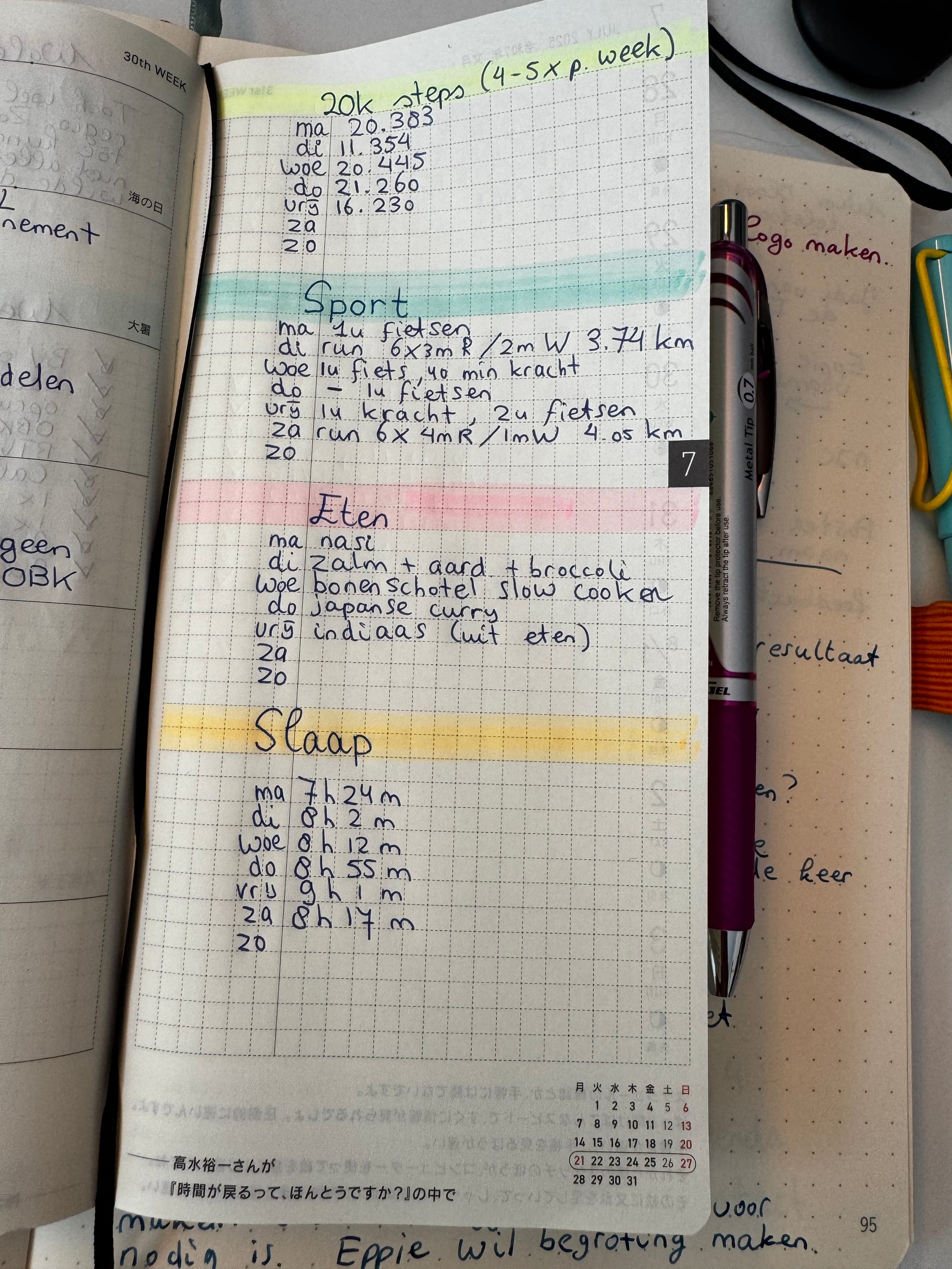 activity log in my Hobonichi Weeks this week. It shows I made the 20k steps on monday, wednesday, thursday. It shows all sport activities I've done this week and how many hours I've slept this week.